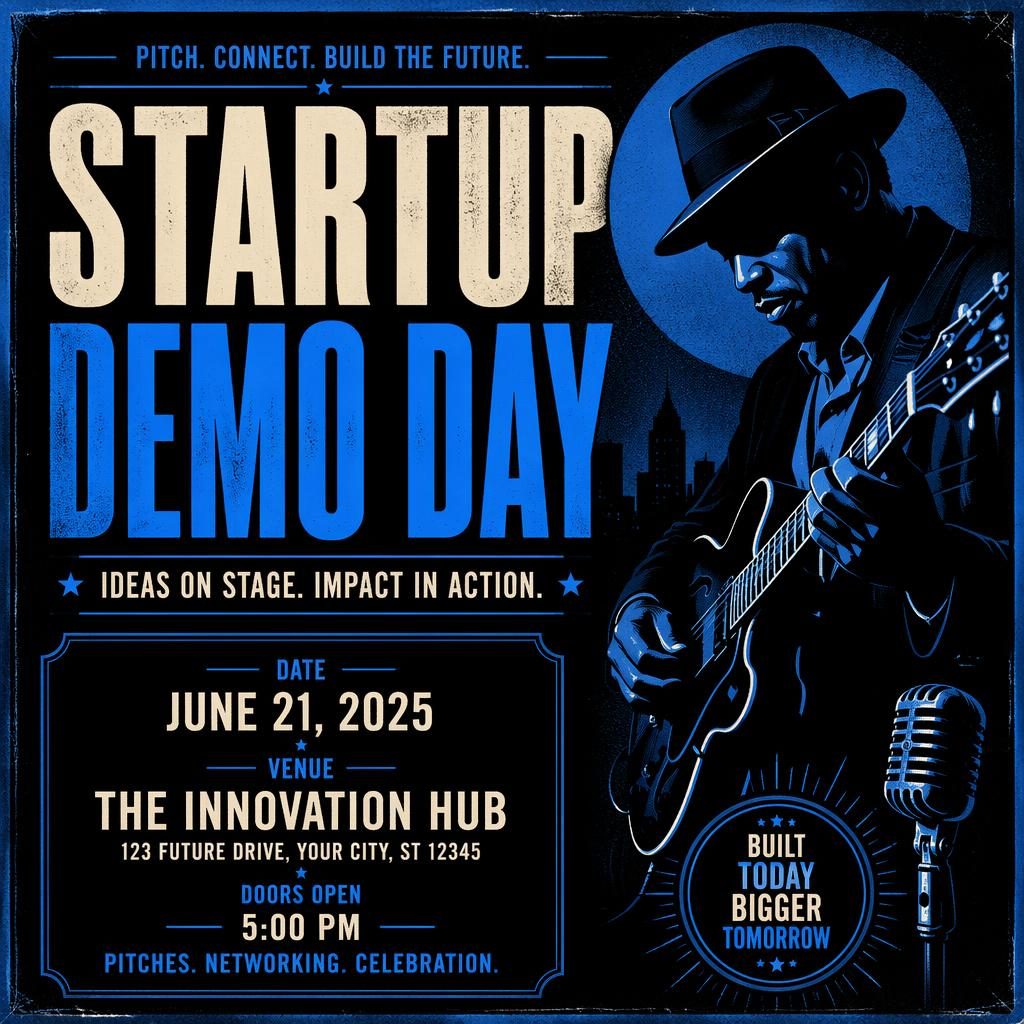 Bold startup demo day event poster with neon palette, formal typography, and clean placeholder text for name, date, and venue.