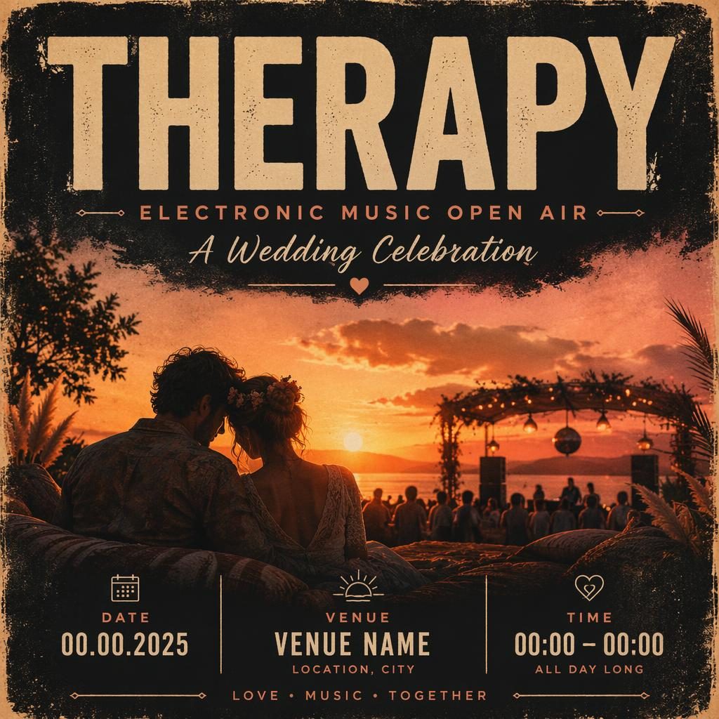 Grunge-style electronic music wedding open air poster with warm sunset tones, cozy intimate mood, and sharp event text placeholders.