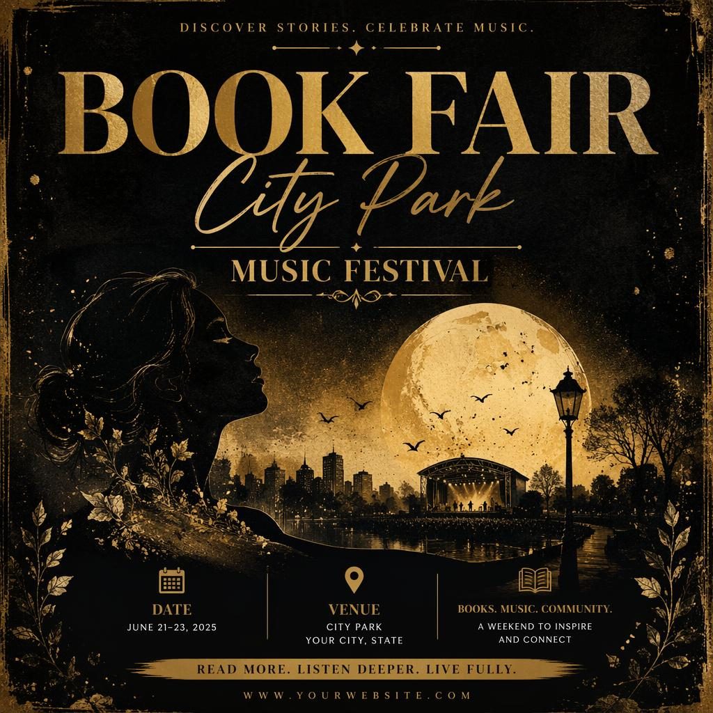 Black and gold grunge event poster for Book Fair City Park with dreamy romantic mood and sharp placeholder text.