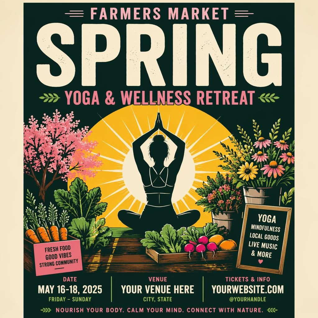 Bold spring farmers market event poster for a yoga wellness retreat with large typography, high-contrast colors, and clean date and venue placeholder text.