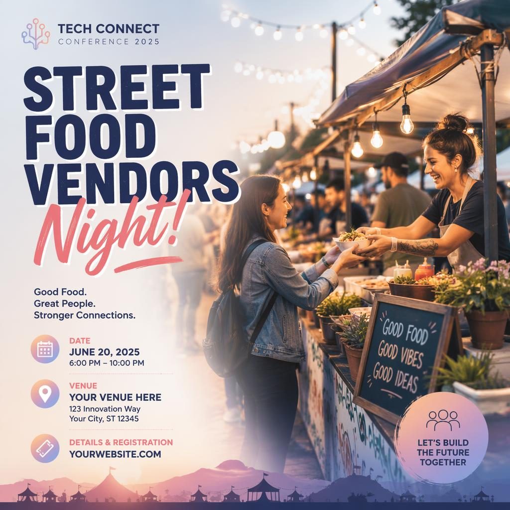 Photographic event poster of a joyful street food vendors night for a tech conference, pastel palette, clean text placeholders.