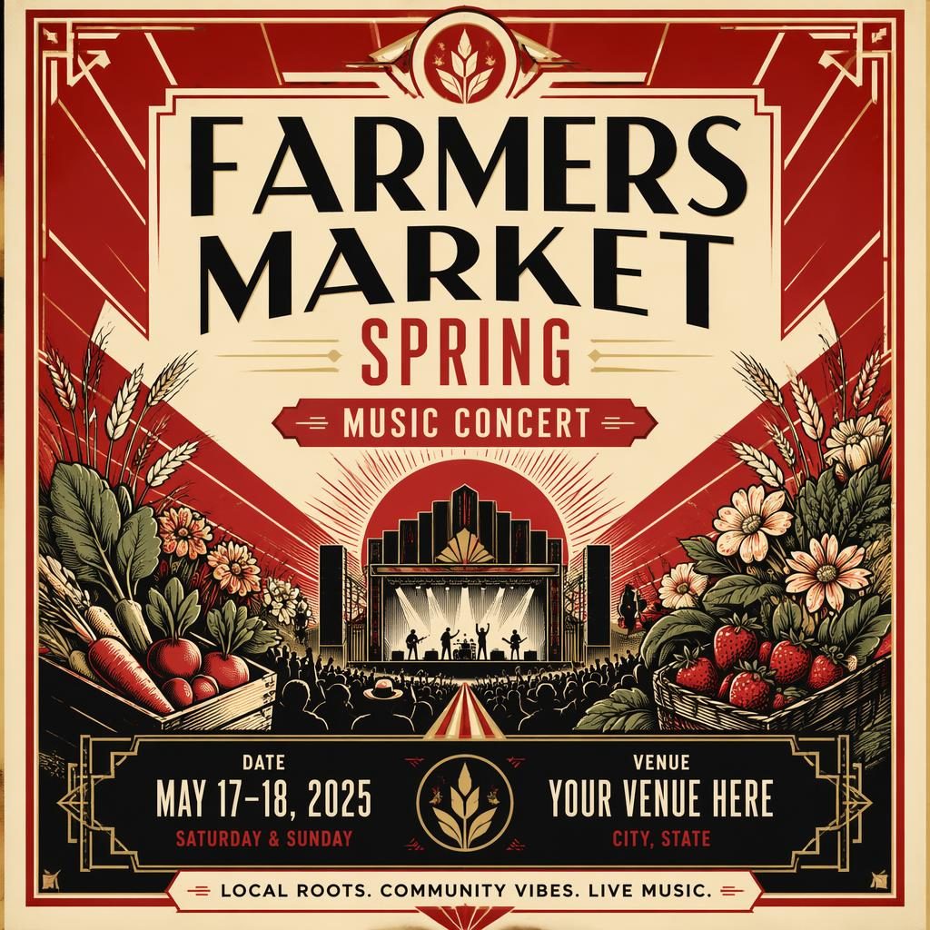 Art deco luxury event poster for Farmers Market Spring music concert in vintage cream and red with bold typography.