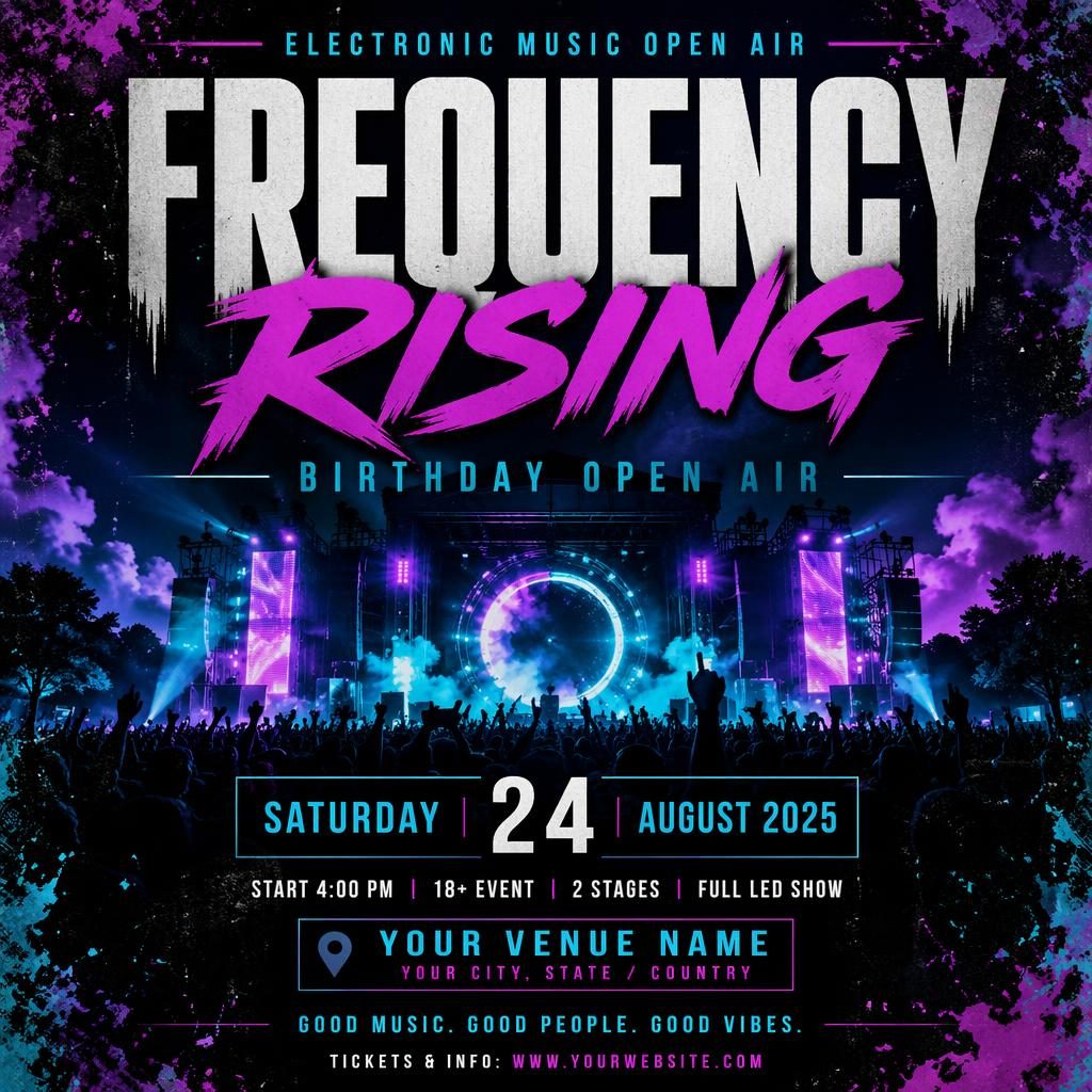 Grunge-style electronic music open air event poster with neon colors, clean date and venue placeholders, and formal layout