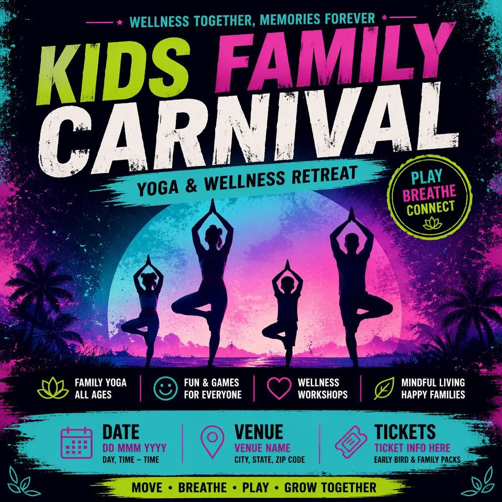 AI event poster showing a kids family carnival themed yoga wellness retreat in a grunge band style with cool neon colors.