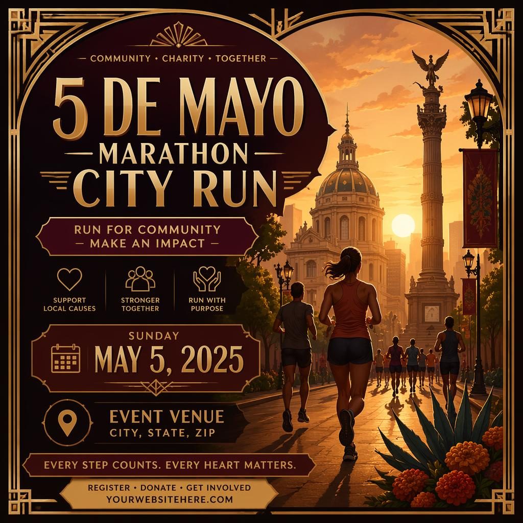 Art deco luxury marathon city run poster with warm sunset tones, cozy city scene, and clean placeholder event text.