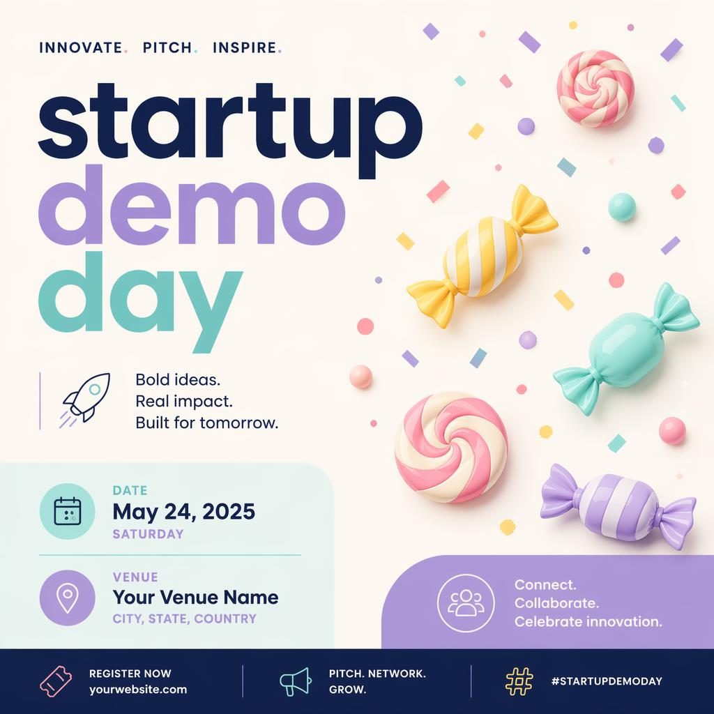 Minimalist Swiss-style startup demo day poster with pastel colors, clean placeholder text, and a joyful tech conference layout.