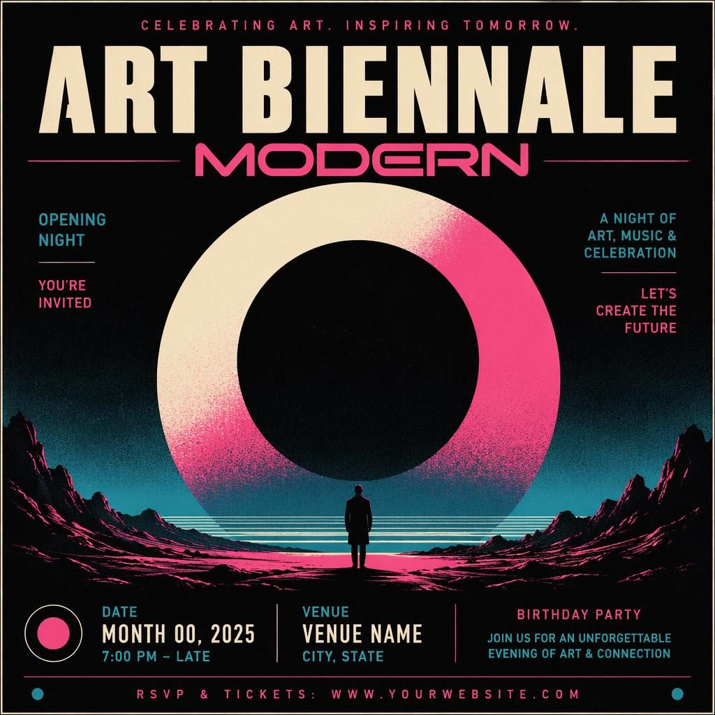 Vintage 1960s-style event poster for an art biennale party, with cool neon colors, formal layout, and sharp placeholder text.