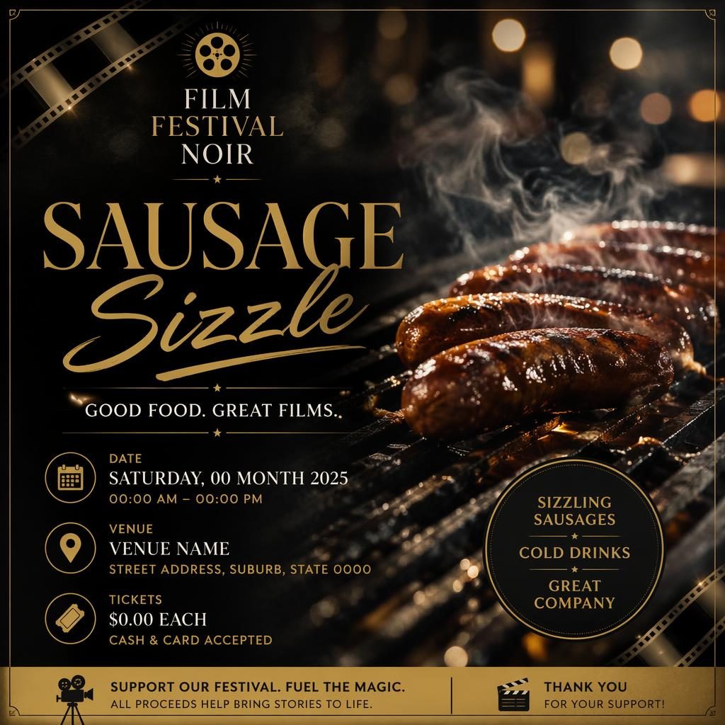 Photographic noir-style food festival poster in black and gold with dreamy overlay and sharp placeholder event text