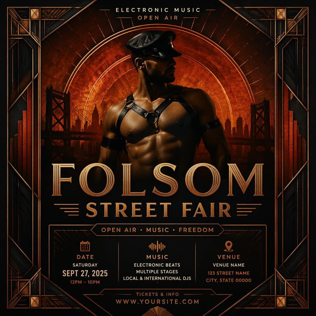 Art deco luxury event poster for an electronic music open air sports event in dark autumn rust tones with clean placeholder text.