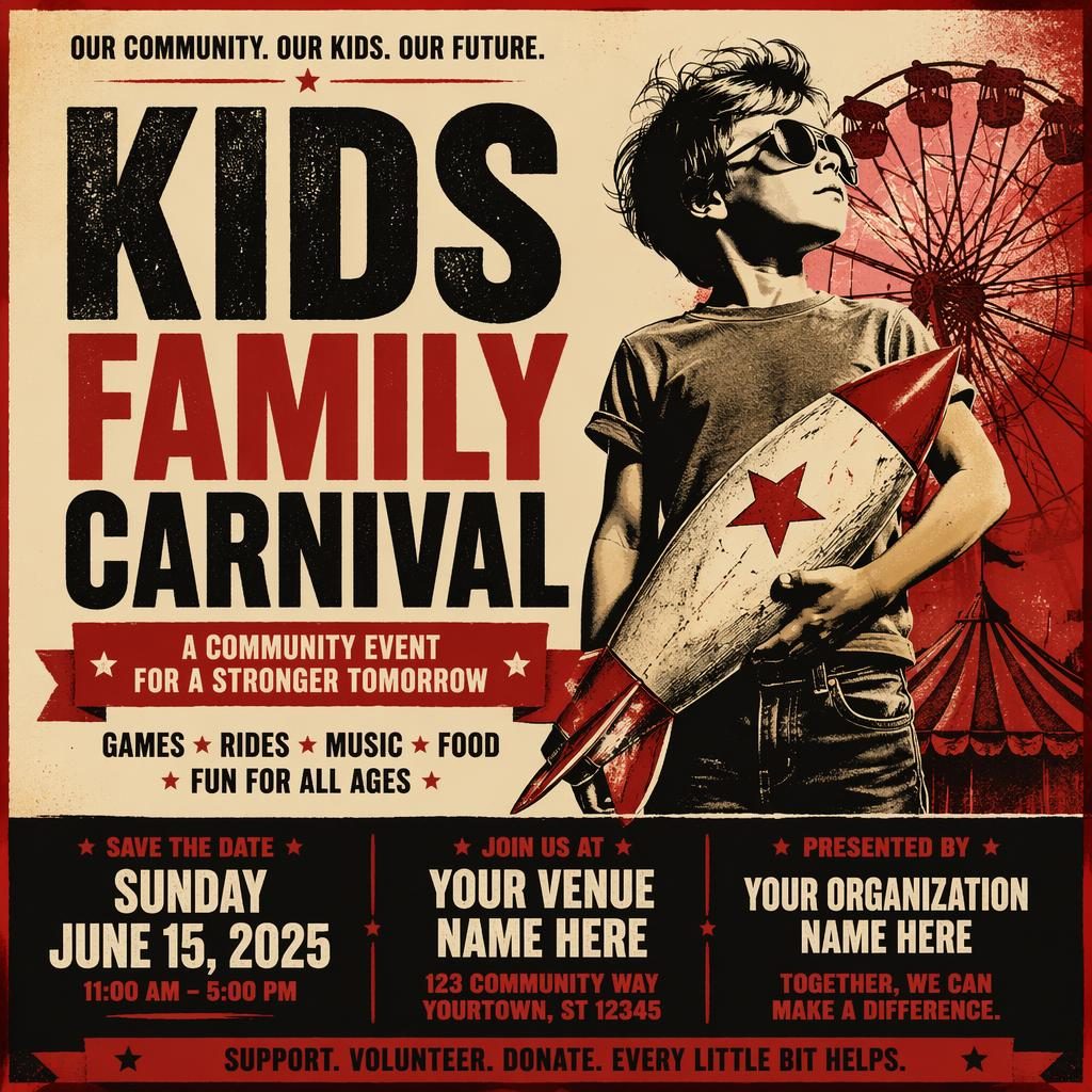 Bold kids family carnival event poster with vintage cream and red palette, strong typography, and clean date venue placeholders.