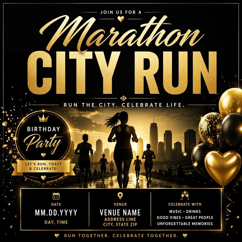 Bold event poster for a marathon city run with elegant black and gold typography, dreamy romantic mood, and sharp date and venue placeholders.