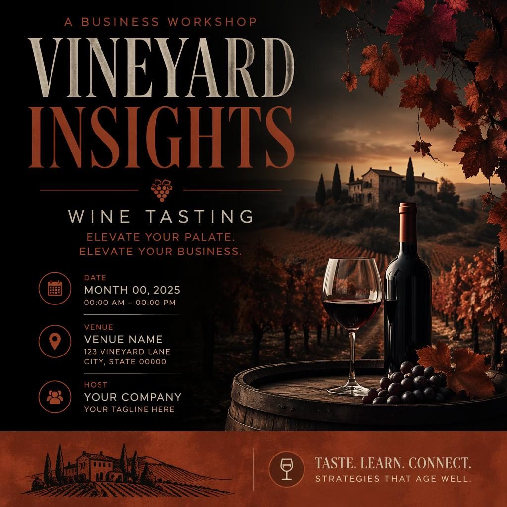 Modern editorial event poster for a vineyard wine tasting business workshop in dark autumn tones with sharp placeholder text.