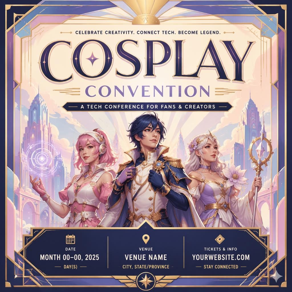 Art deco luxury cosplay convention poster with pastel palette, joyful mood, and sharp placeholder text for event name, date, and venue.