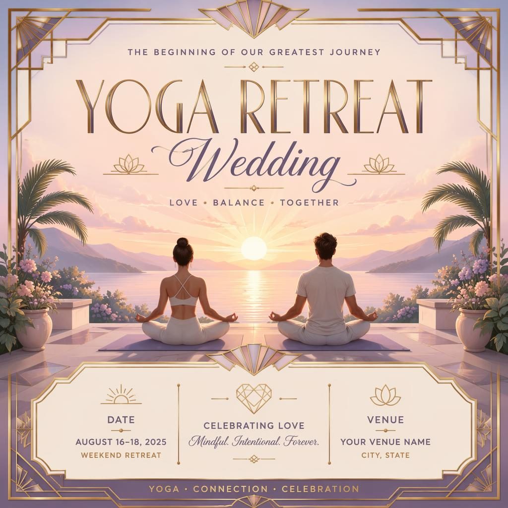 Art deco luxury event poster for a sunrise yoga retreat wedding in pastel tones with clean placeholder text for name, date, and venue.