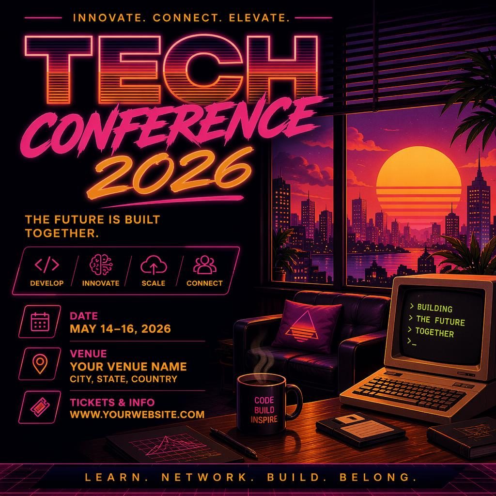 Retro 1980s neon tech conference poster with warm sunset colors, cozy mood, and clean event name, date, venue text.