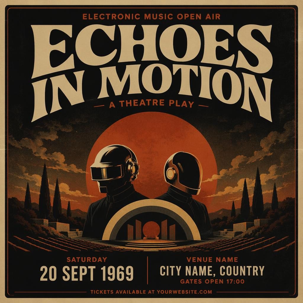 Vintage 1960s-style electronic open air event poster with dark autumn rust tones and clean placeholder text.