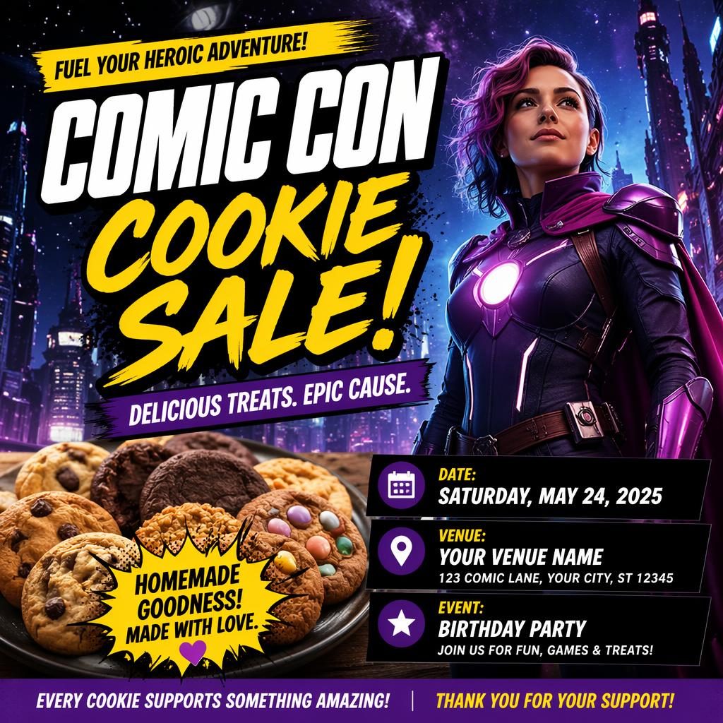 Photographic sci-fi comic con party poster with bold high-contrast colors, energetic overlay, and sharp event text placeholders.