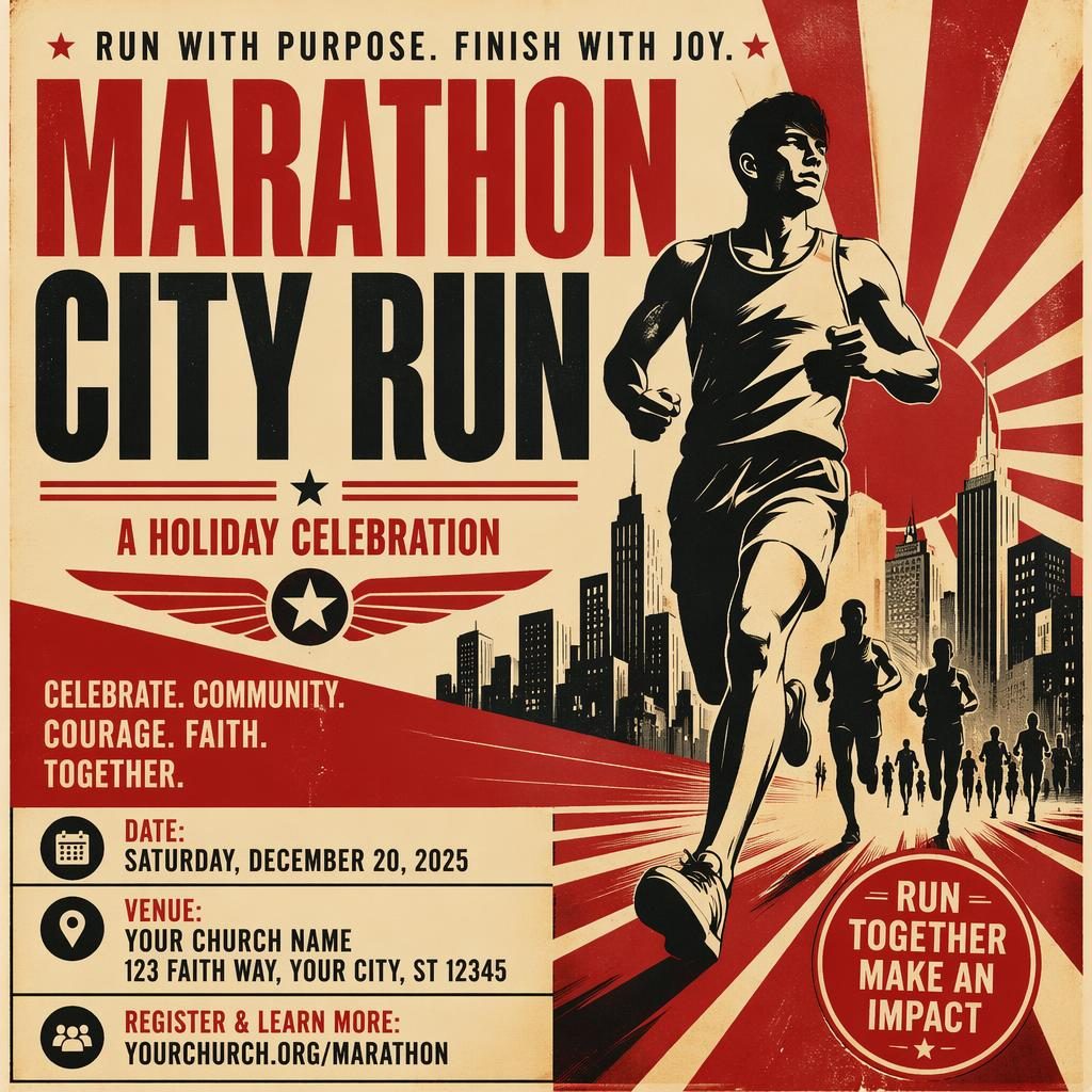 Vintage 1960s-style marathon city run event poster in cream and red with bold typography and readable date and venue placeholders.