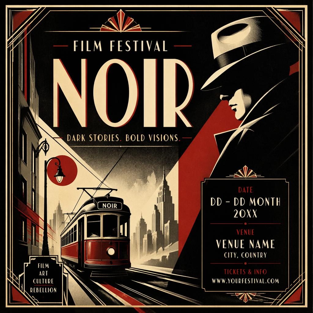 Art deco luxury event poster for a noir film festival art exhibition in cream and red with bold typography placeholders.