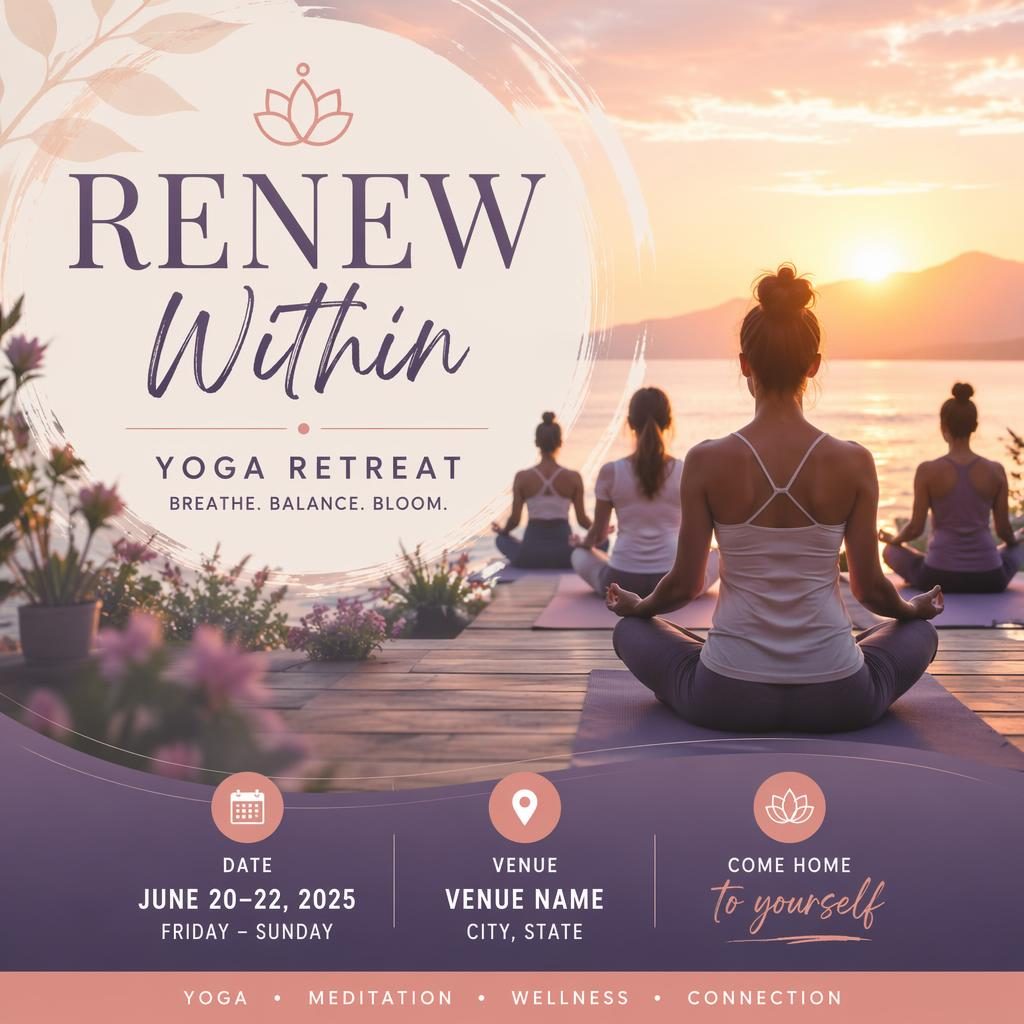 Photographic event poster of a sunrise yoga retreat with pastel overlay, joyful mood, and clean English placeholder text.