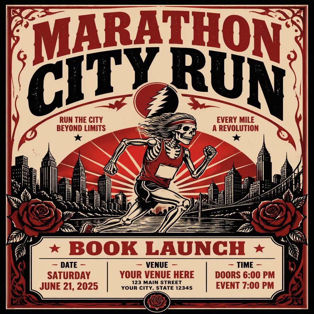 Vintage cream and red event poster with bold typography, rebellious layout, and clear date and venue placeholder text.