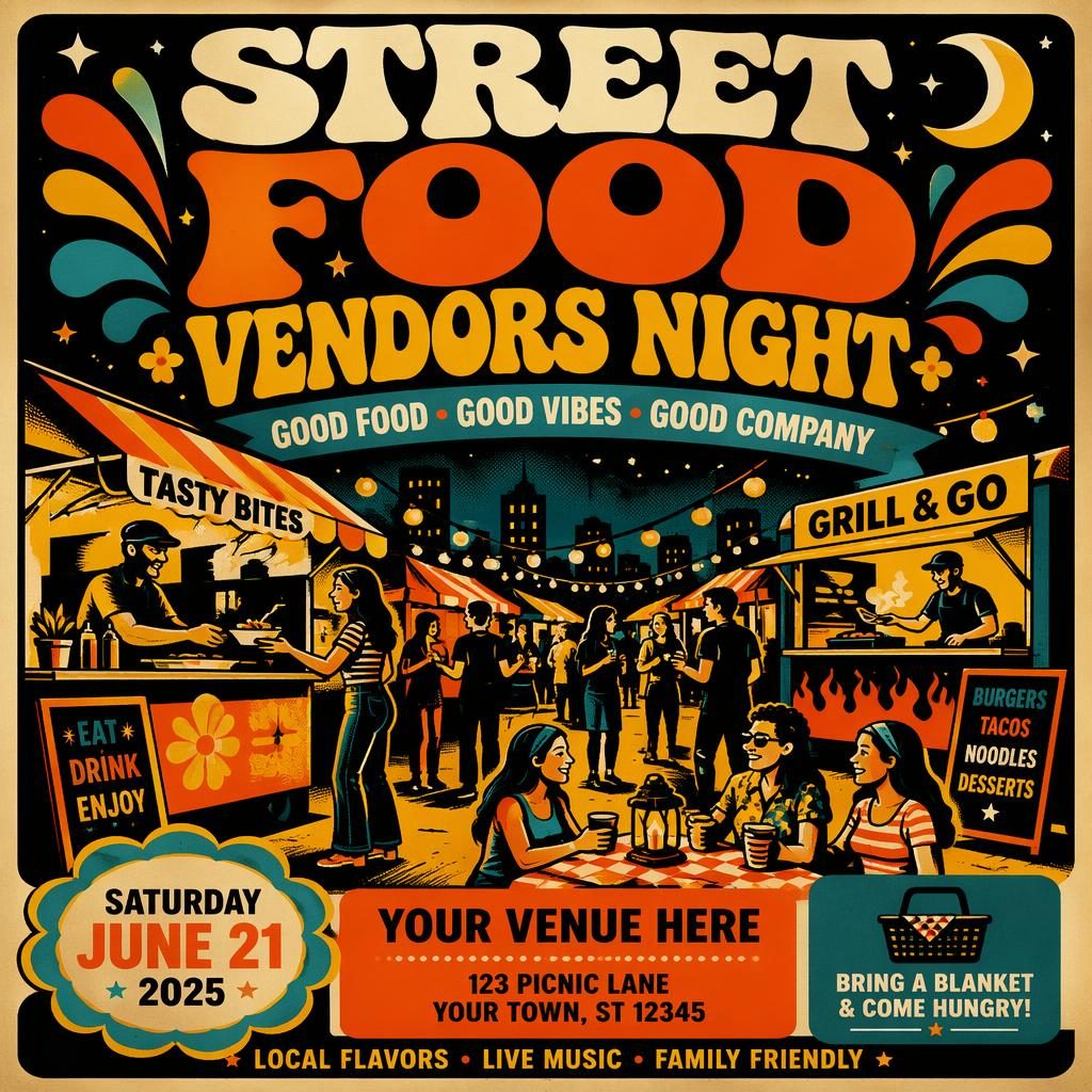Vintage 1960s-style event poster for Street Food Vendors Night with bold high-contrast colors and clean placeholder text.