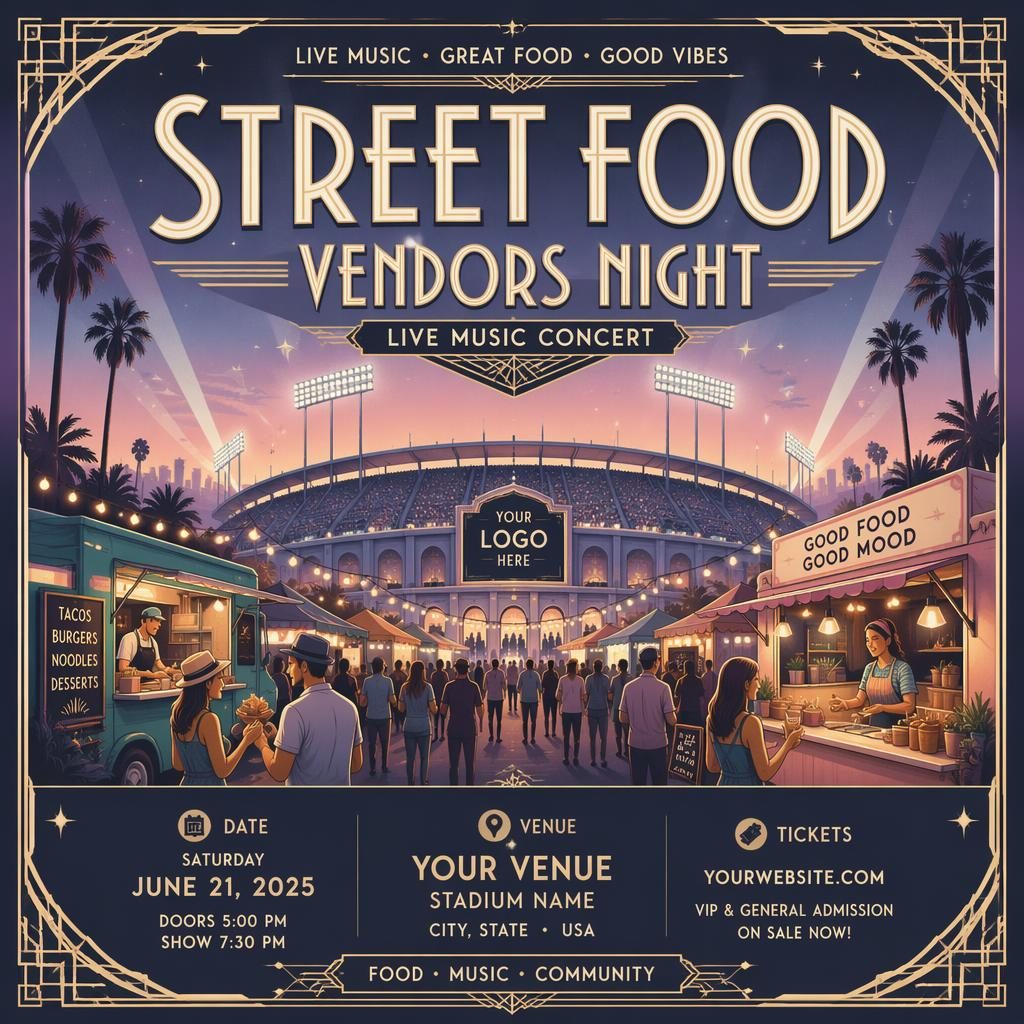 Art deco concert poster for Street Food Vendors Night with pastel palette, food stalls, music scene, and clean date and venue placeholders.