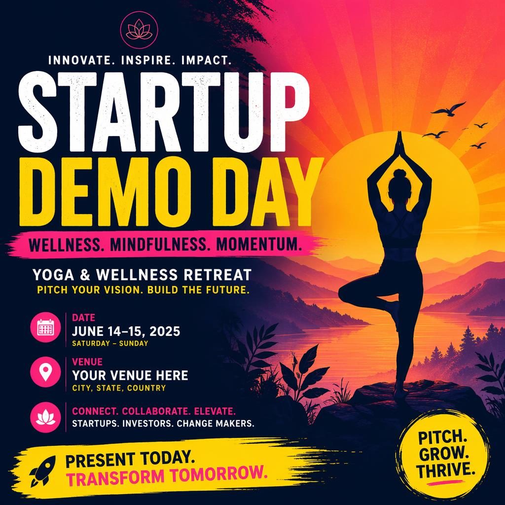 Bold event poster for a startup demo day wellness retreat with large typography, high-contrast colors, and clean placeholder date and venue text.