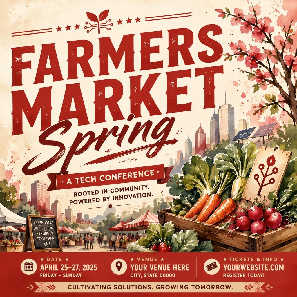 Watercolor event poster for a spring farmers market tech conference in cream and red with bold festive layout and sharp placeholders.