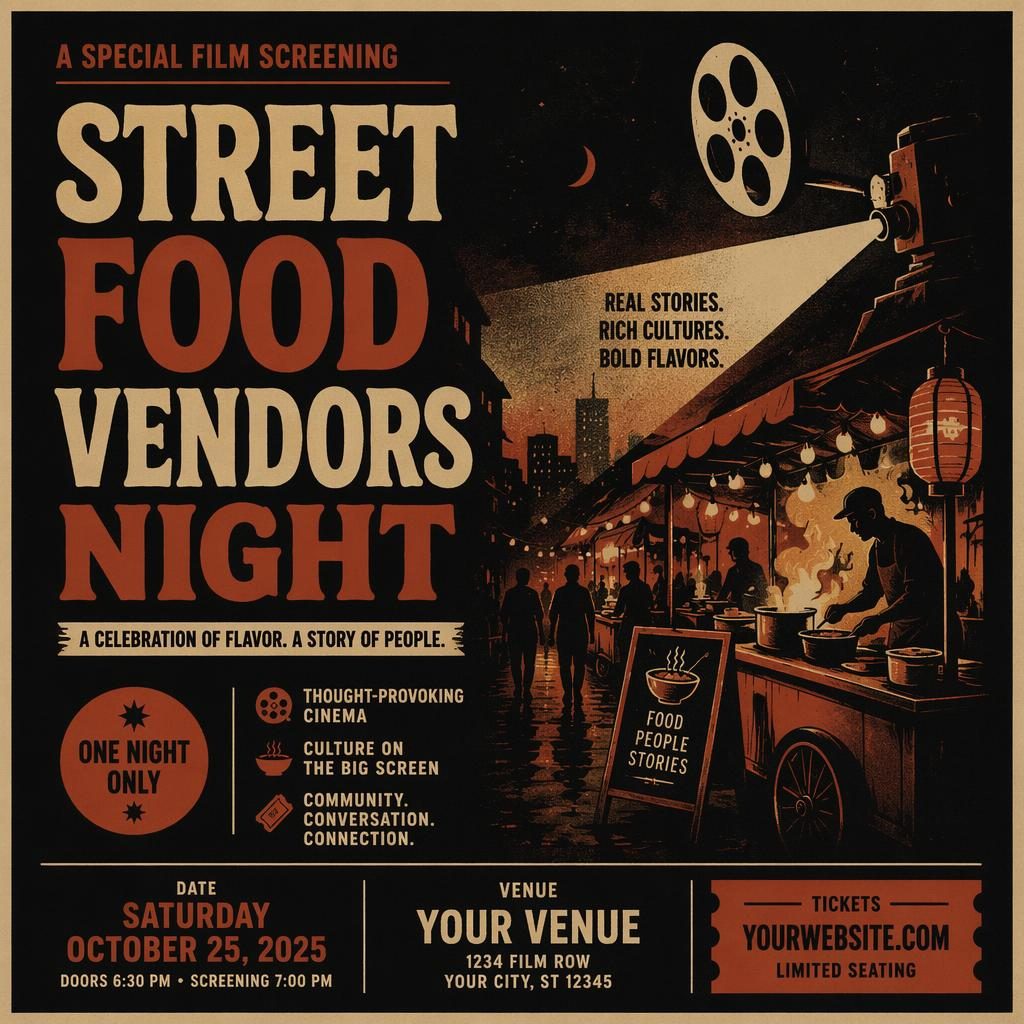 Vintage 1960s-style event poster showing a dark autumn night street food vendors scene with clean placeholder event text.