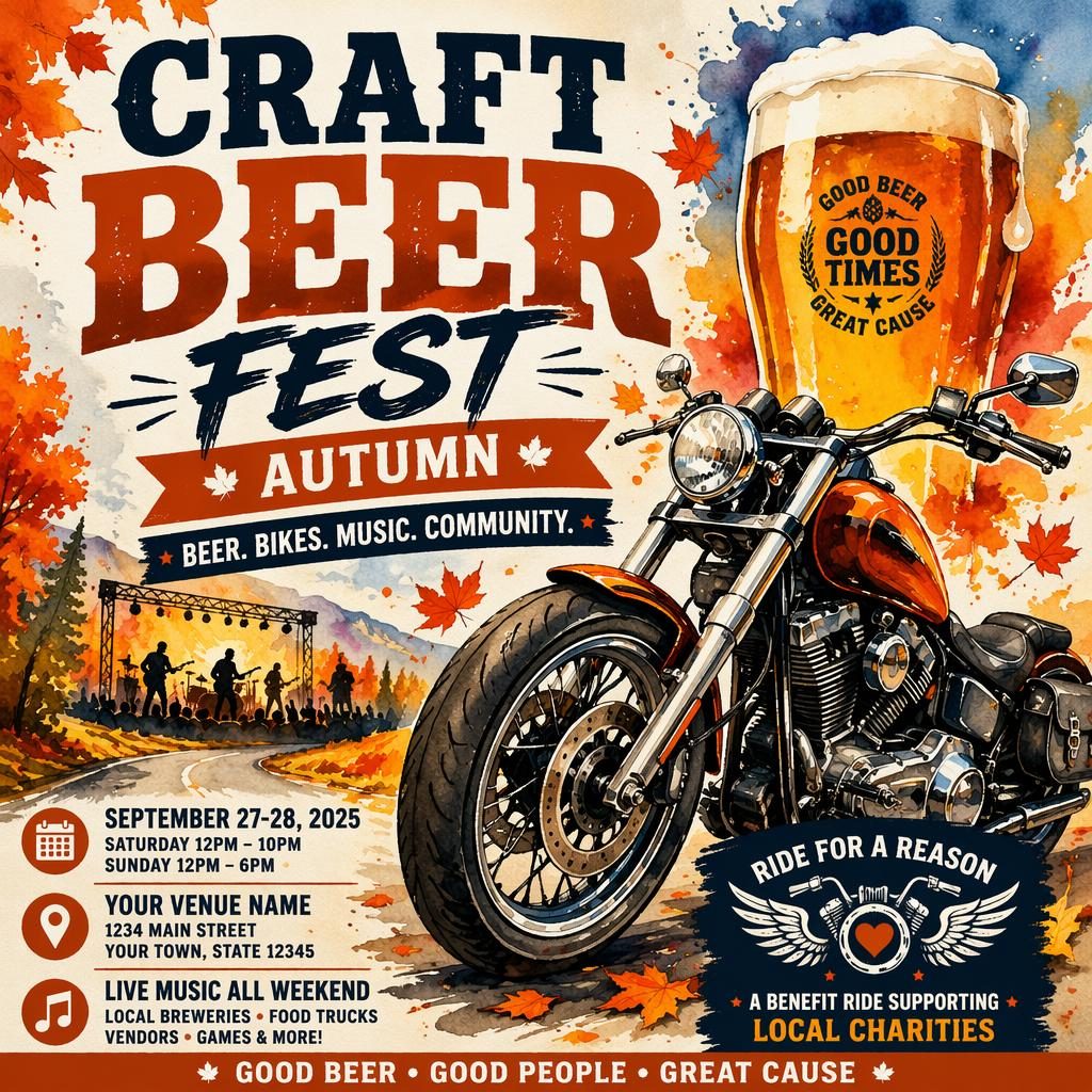 Watercolor event poster for an autumn craft beer fest with bold colors, festive layout, and clear date and venue placeholder text.