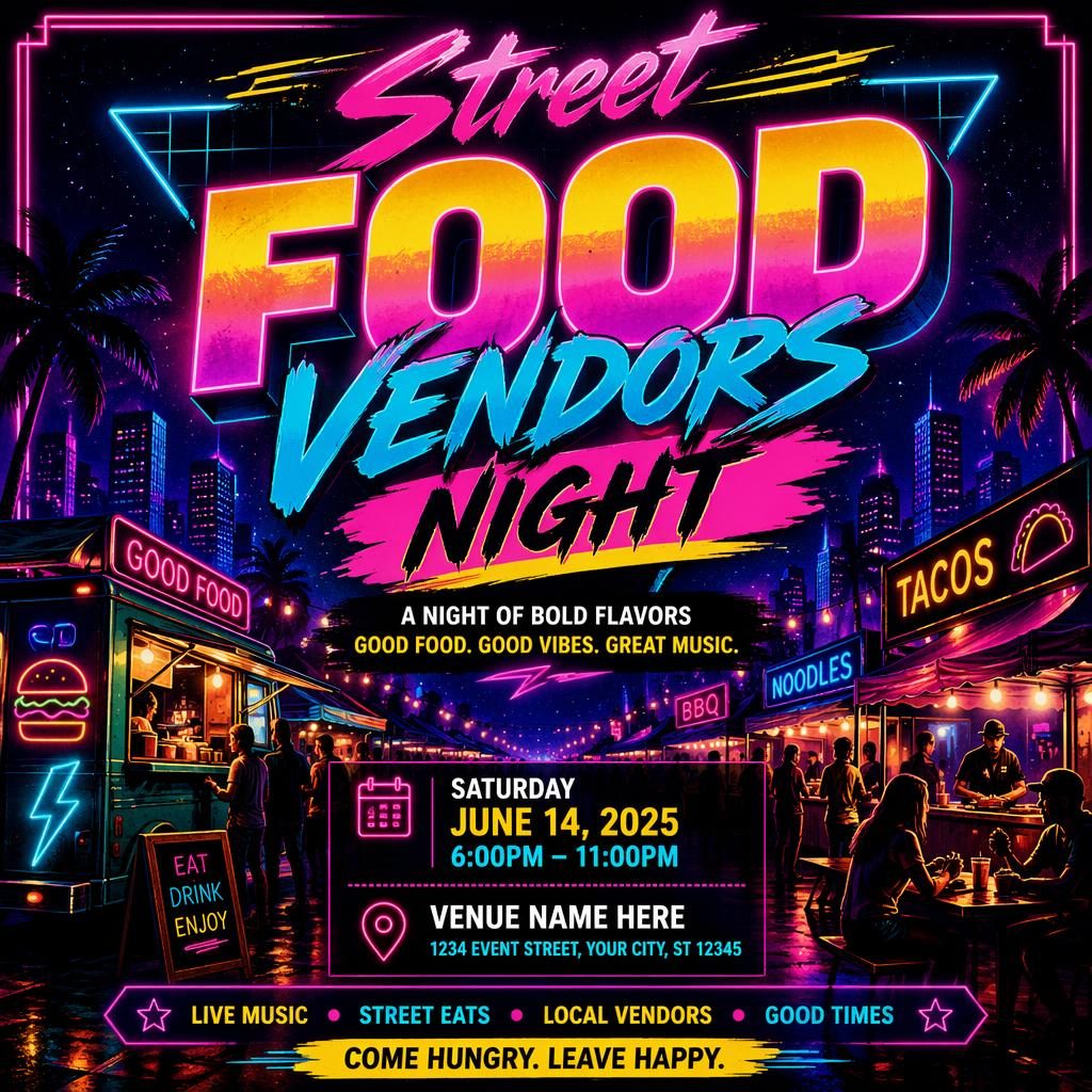 Retro 1980s neon event poster for Street Food Vendors Night with food stalls, glowing signs, bold colors, and readable placeholder text.