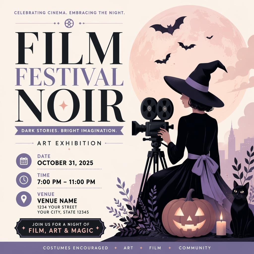 Modern editorial event poster for a film festival noir art exhibition with pastel colors, joyful mood, and clean placeholder text.