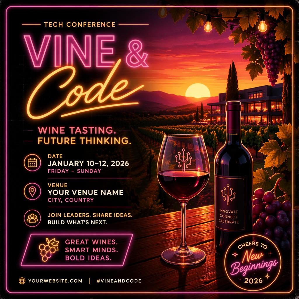 Póster de evento con cata de vinos en viñedo, estilo retro neón de los 80, atardecer cálido y texto placeholder en inglés.