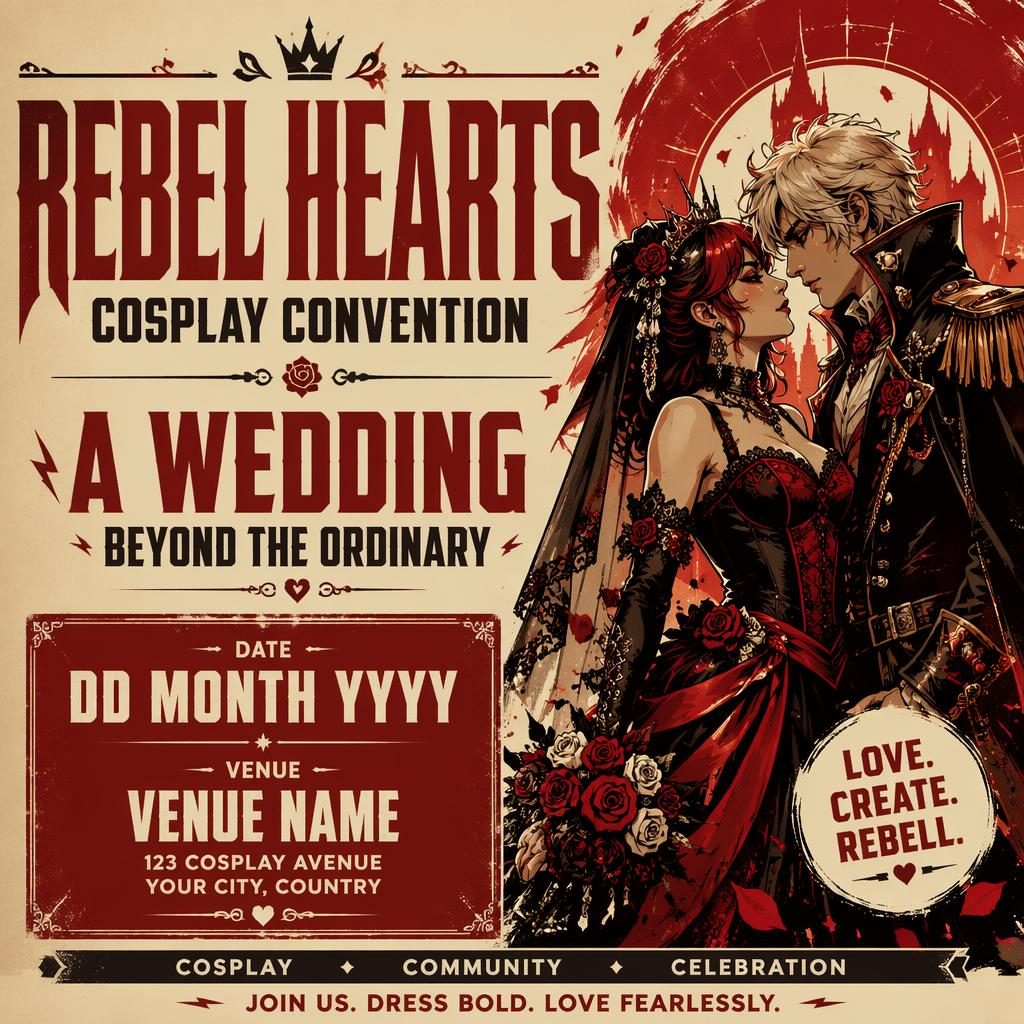 Affiche d’événement mariage style convention cosplay, typographie audacieuse, palette crème et rouge, texte de date et lieu en anglais.