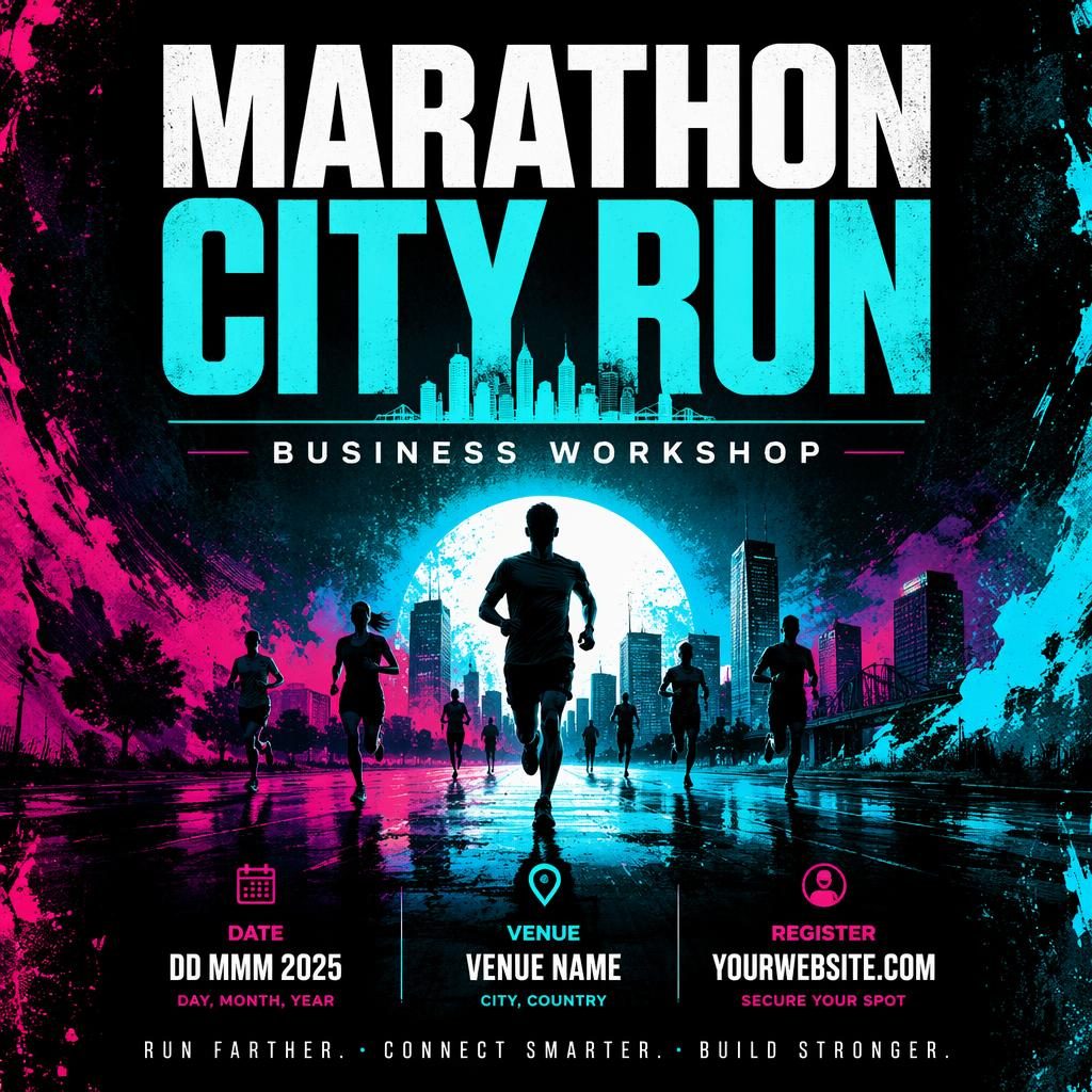 Grunge-style neon event poster for a marathon city run with clean English placeholder text for name, date, and venue.