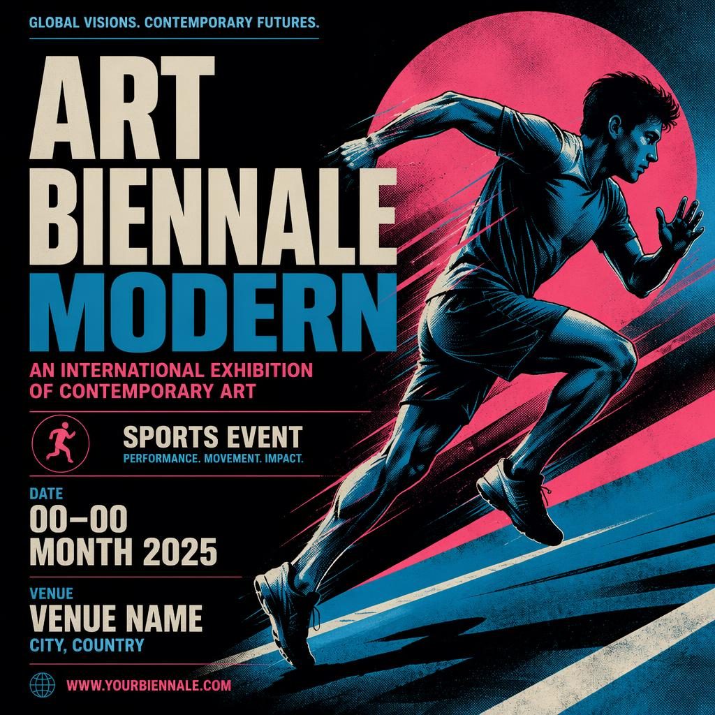 Modern sports event poster with bold typography, cool neon palette, and clean placeholder text for name, date, and venue.