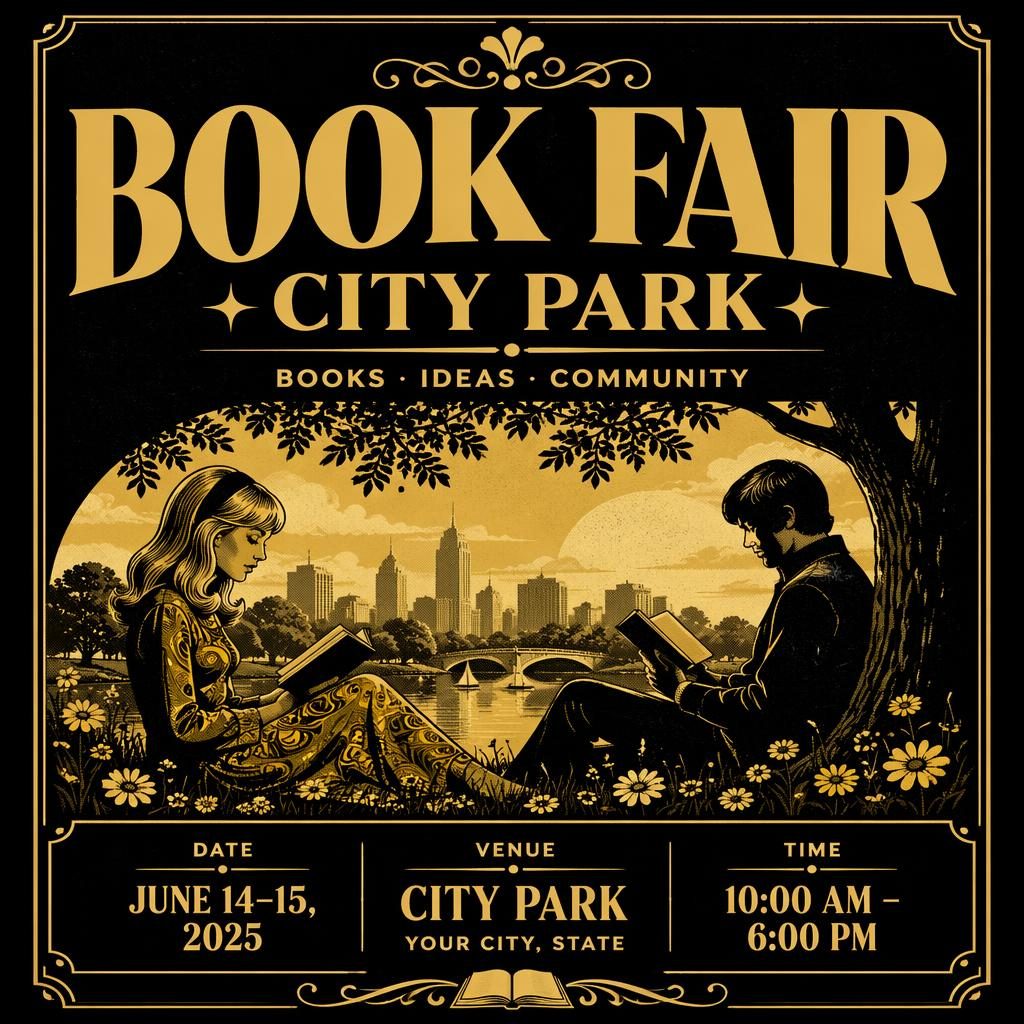 Vintage 1960s-style event poster for Book Fair City Park in black and gold with dreamy romantic design and clean placeholder text.