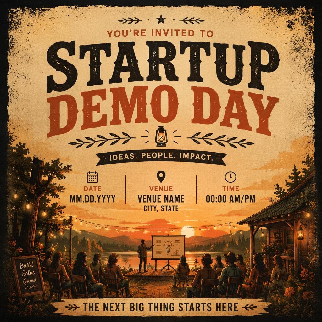 Grunge-style event poster for a startup demo day wedding with warm sunset tones, cozy mood, and clean placeholder text.