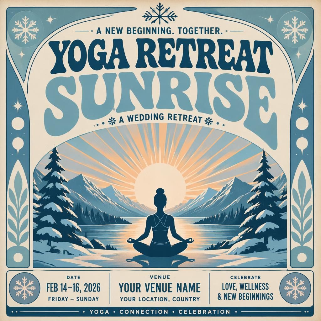 Vintage 1960s-style event poster of a sunrise yoga retreat with icy winter colors and clean placeholder event text.