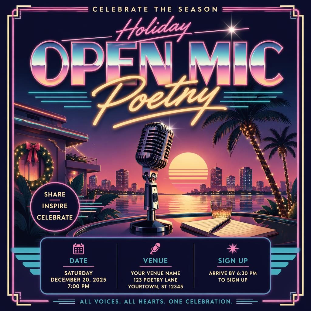 Retro 1980s neon holiday open mic poetry event poster with pastel palette, joyful mood, and clean placeholder text