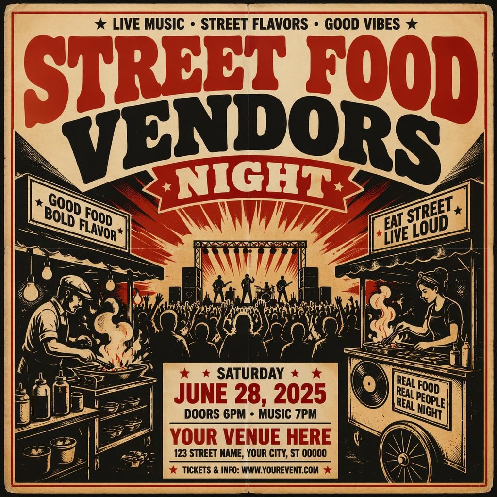 Vintage 1960s-style concert poster for Street Food Vendors Night with cream and red palette, bold typography, and venue placeholders.