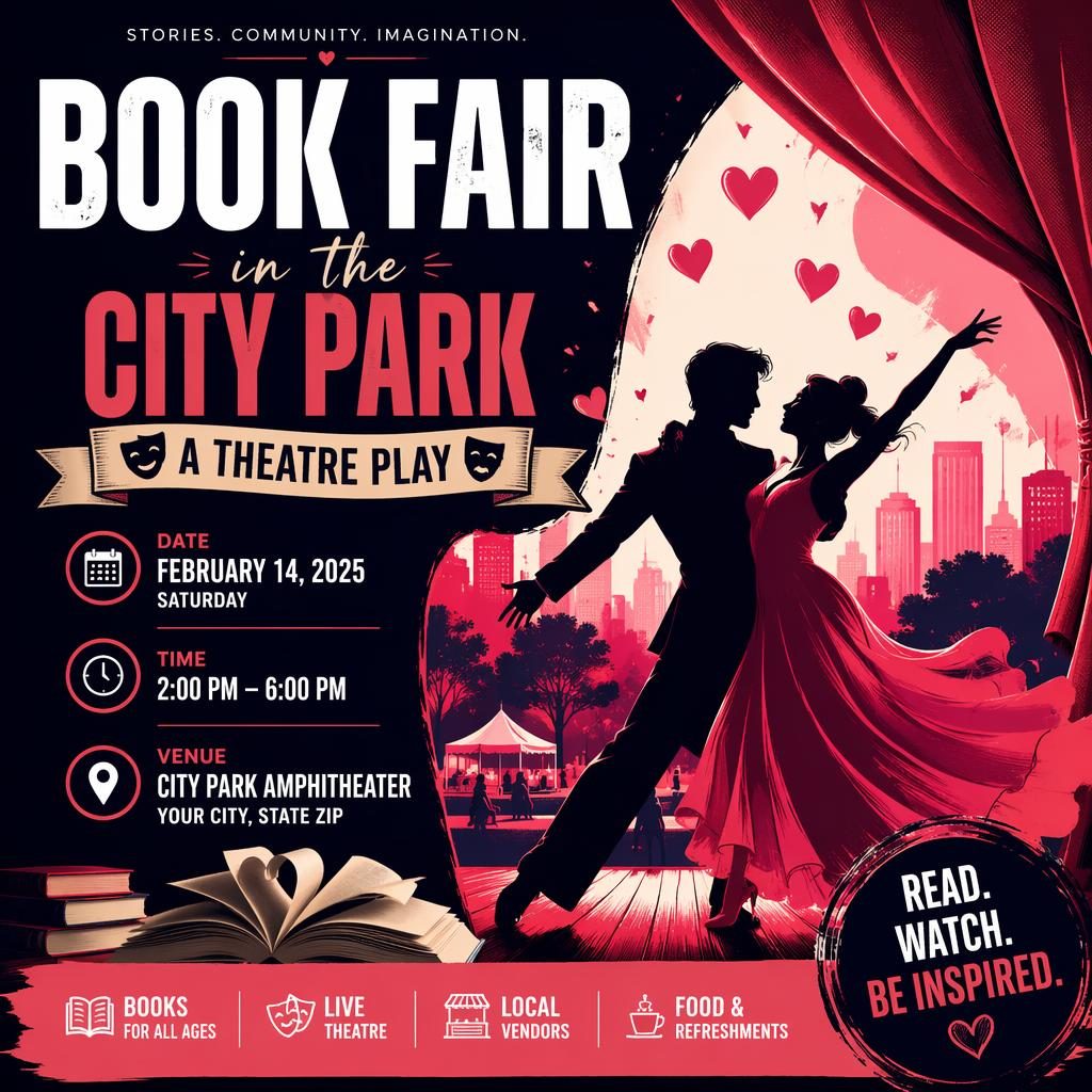 Modern editorial event poster for a theatre play in a city park, with bold colors, sharp English placeholder text, and dynamic layout.