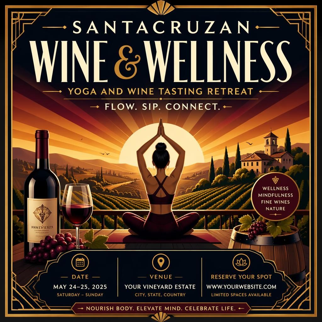 Art deco luxury event poster for a vineyard wellness retreat with wine tasting, bold high-contrast colors, and clean text placeholders.