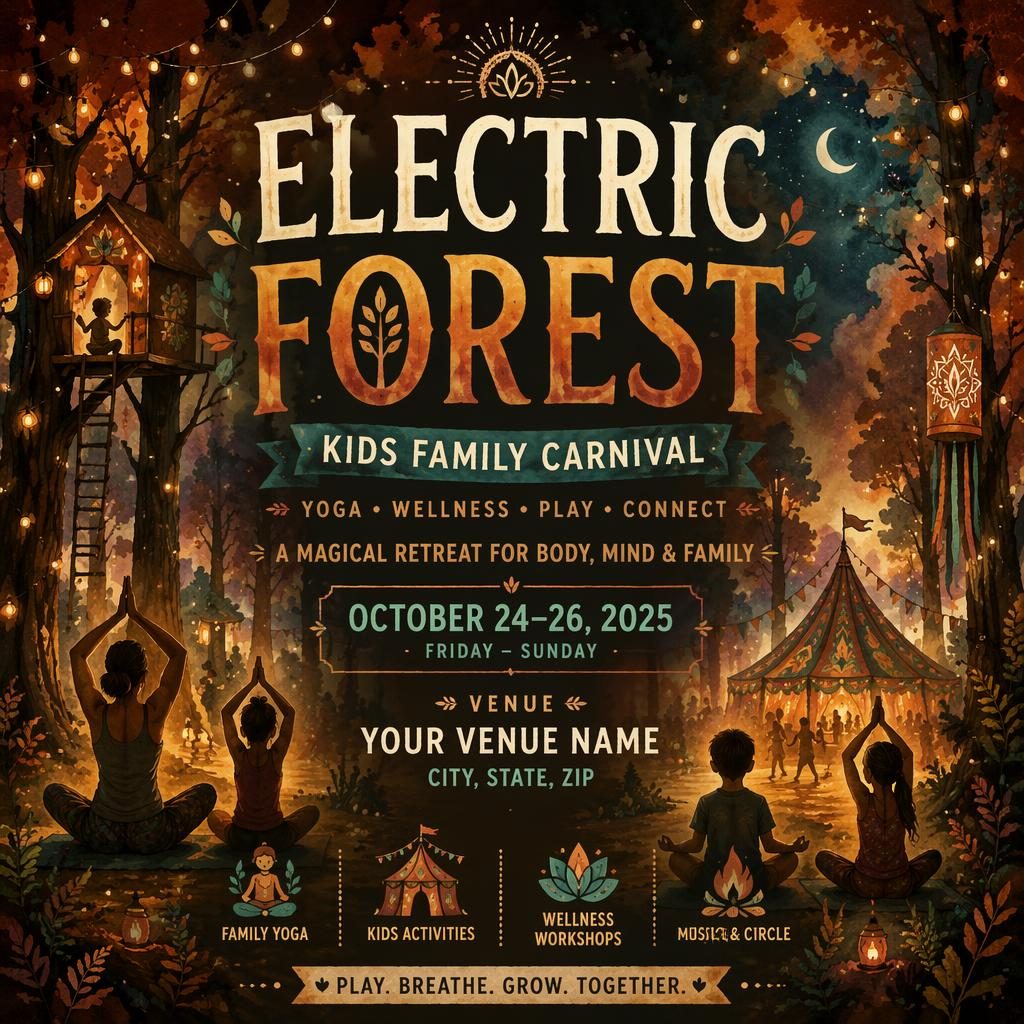 Watercolor event poster for a kids family carnival yoga retreat in dark autumn rust tones with clean date and venue text.