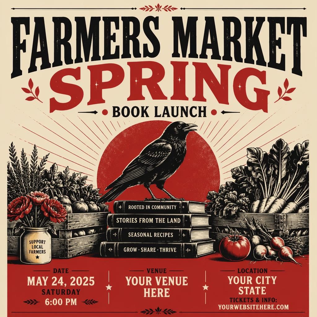 Modern editorial event poster for Farmers Market Spring book launch in cream and red with bold typography and clean placeholders.