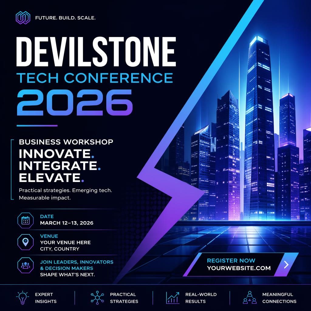 Modern editorial event poster for a 2026 tech conference workshop with cool neon colors and clean placeholder text.