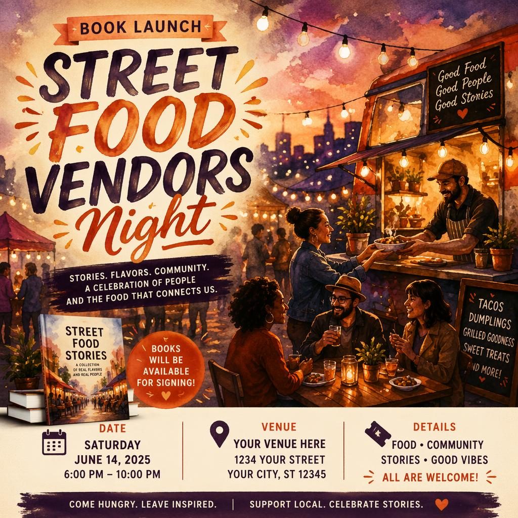 Watercolor event poster for Street Food Vendors Night with cozy food stalls at sunset, festive crowd, and clean date venue text.