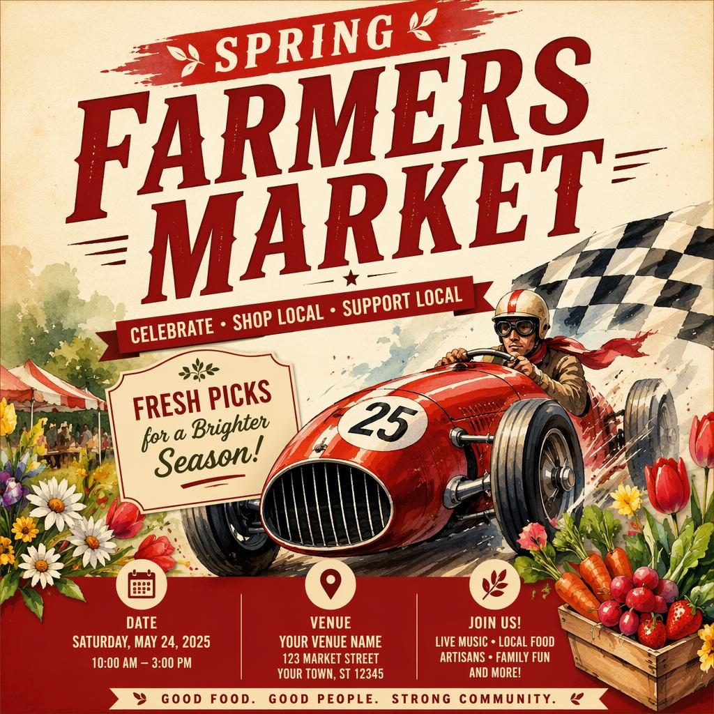 Watercolor festive event poster for a spring farmers market holiday celebration in cream and red with bold vintage styling.