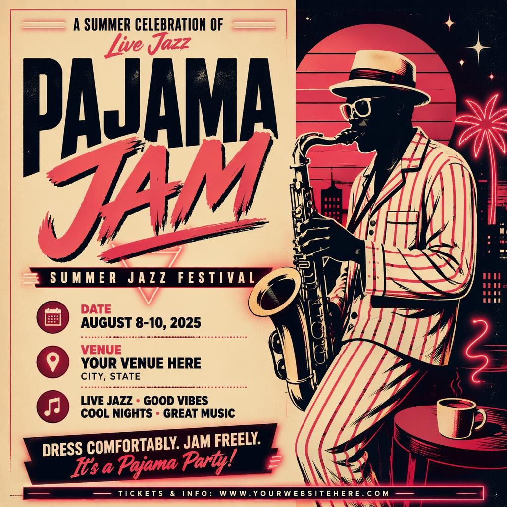 Retro 1980s neon jazz festival summer event poster in cream and red with bold typography and clean date and venue placeholders.